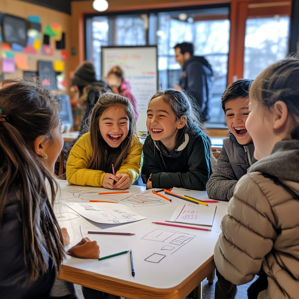 Middle School Kids Color and Laugh with Teacher