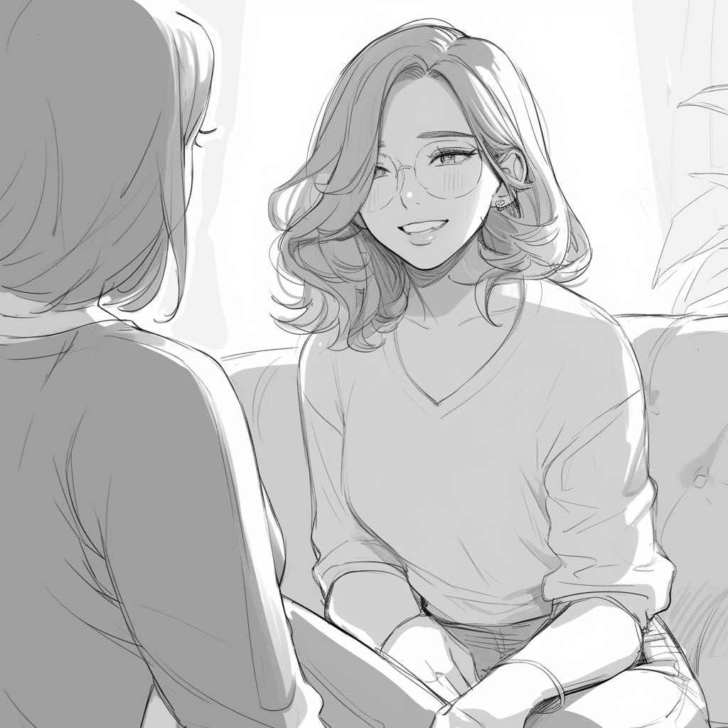 Middle age lady talking to young lady, sketch drawing.