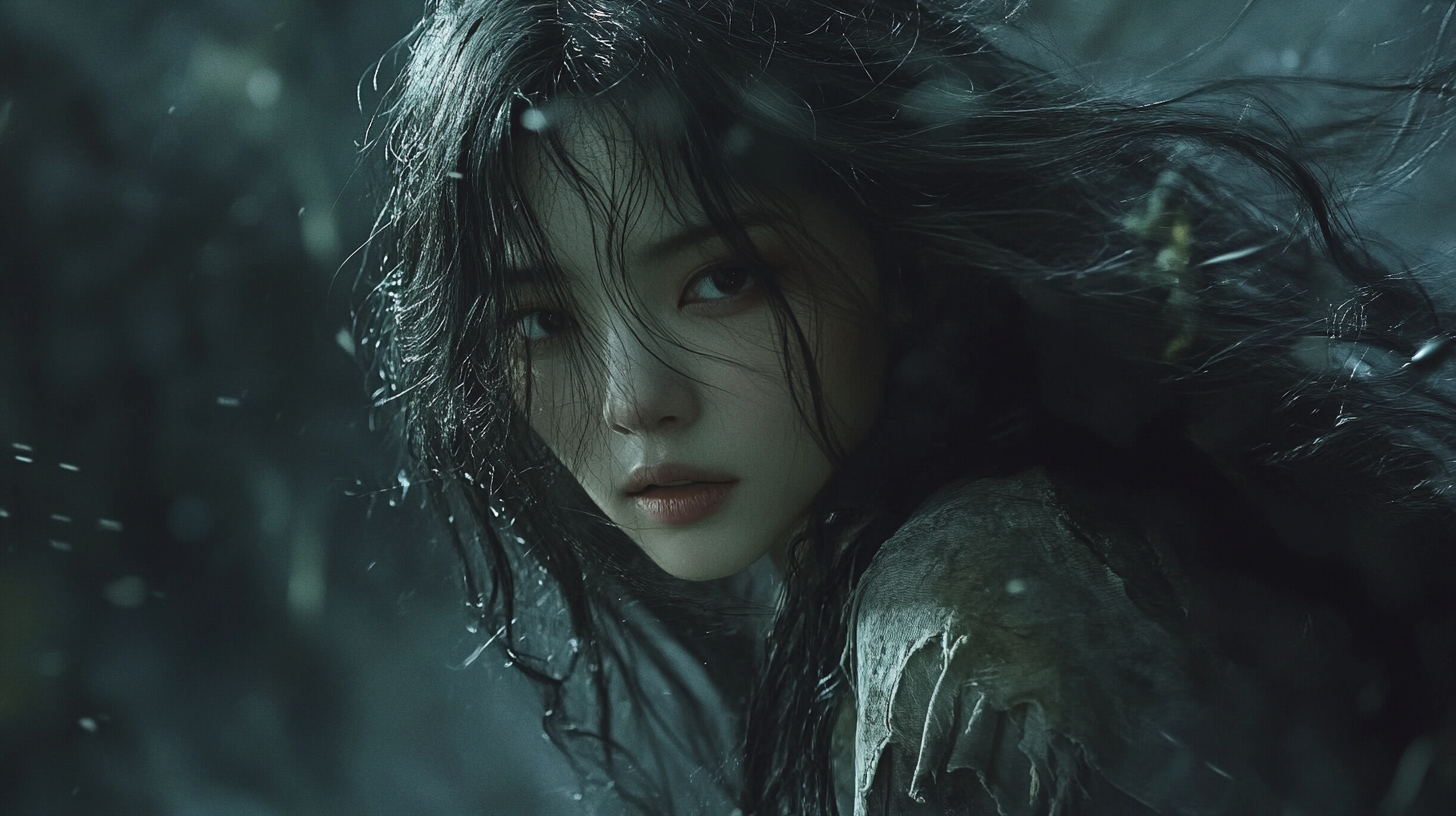 Middle-aged Asian Sorceress in Windy, Dark Forest