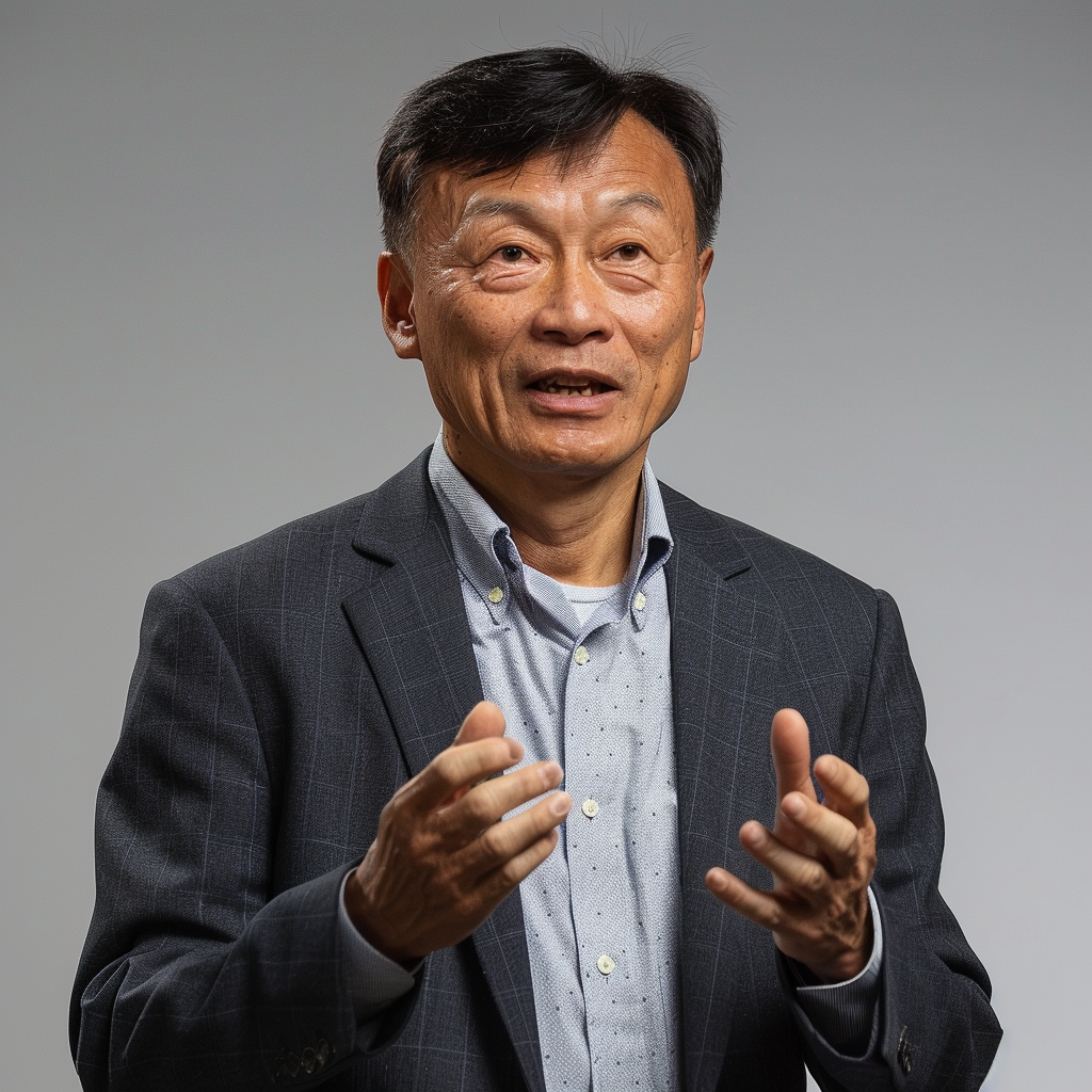 Middle-aged Asian man in suit giving lecture.