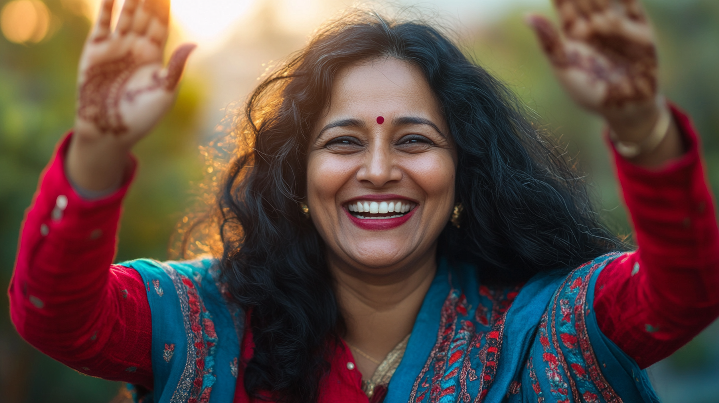 Middle aged Indian woman celebrates small win with smile.