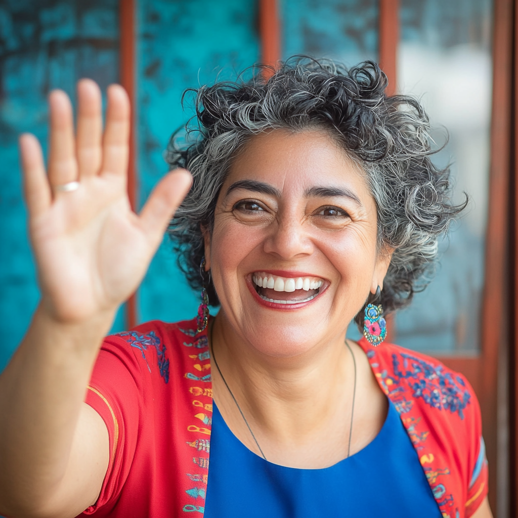 Middle-aged Mexican woman smiling after small victory. Excited, playful.