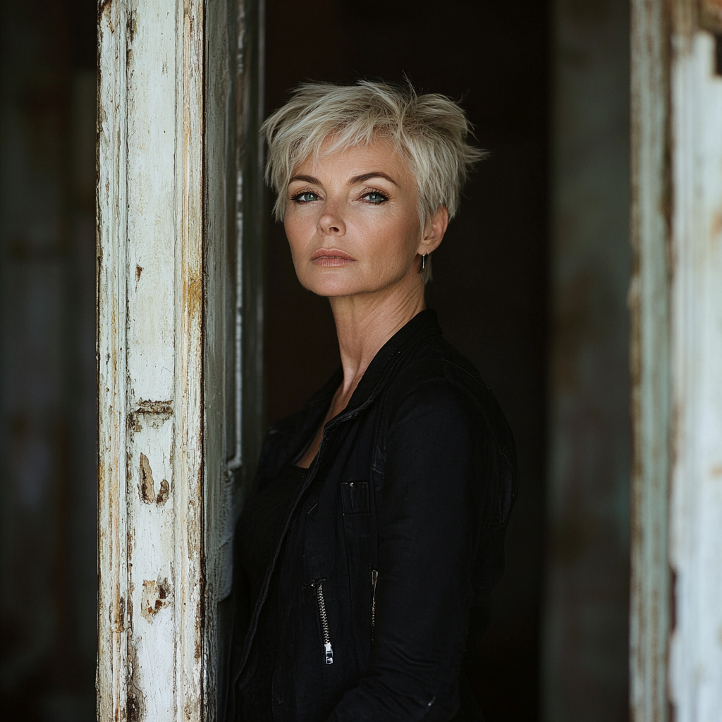 Middle-aged blonde woman leaning against old doorway full body shot