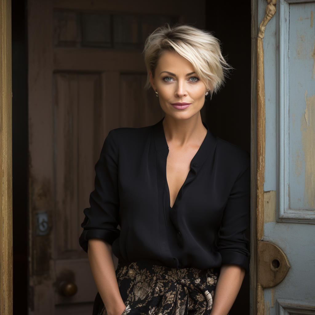 Middle-aged blonde woman posing against old doorway 