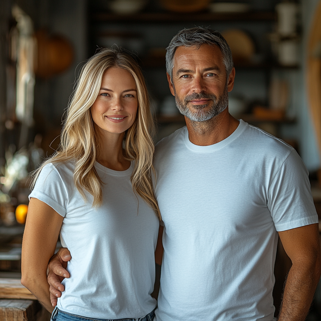 Middle aged couple in modern kitchen smiling, Thanksgiving.