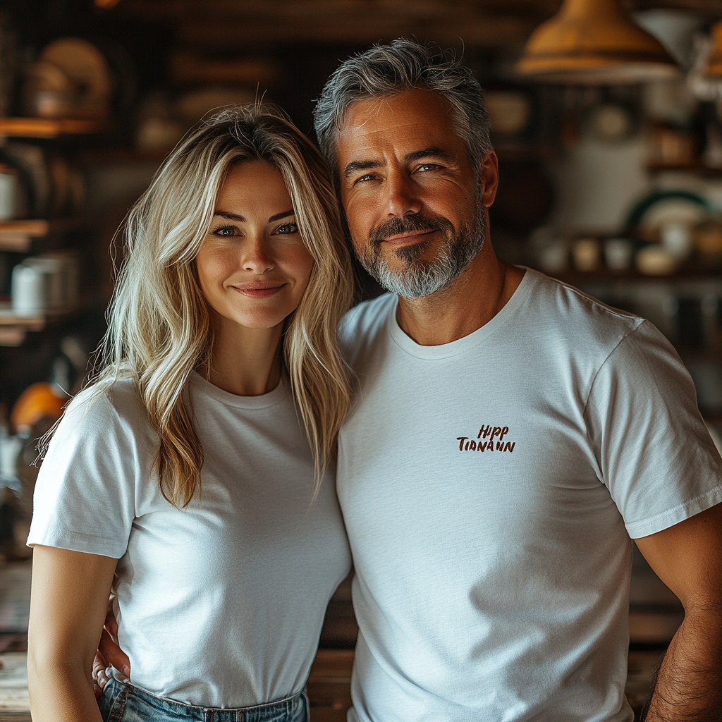 Middle aged couple posing in modern kitchen mockup.