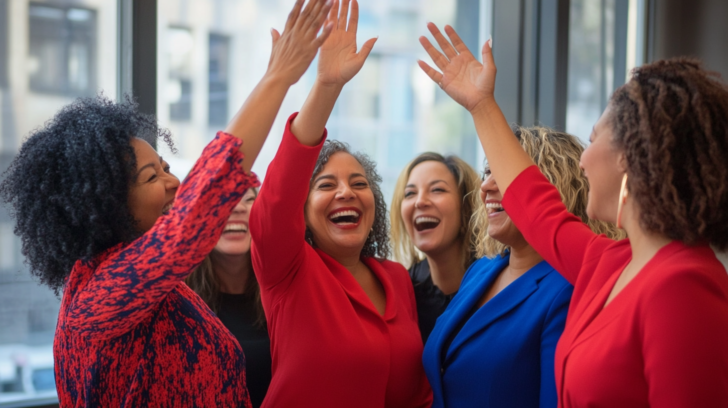 Middle aged diverse business women celebrate small win.