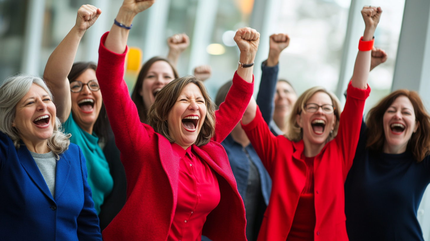 Middle aged diverse businesswomen celebrating a small win happily.