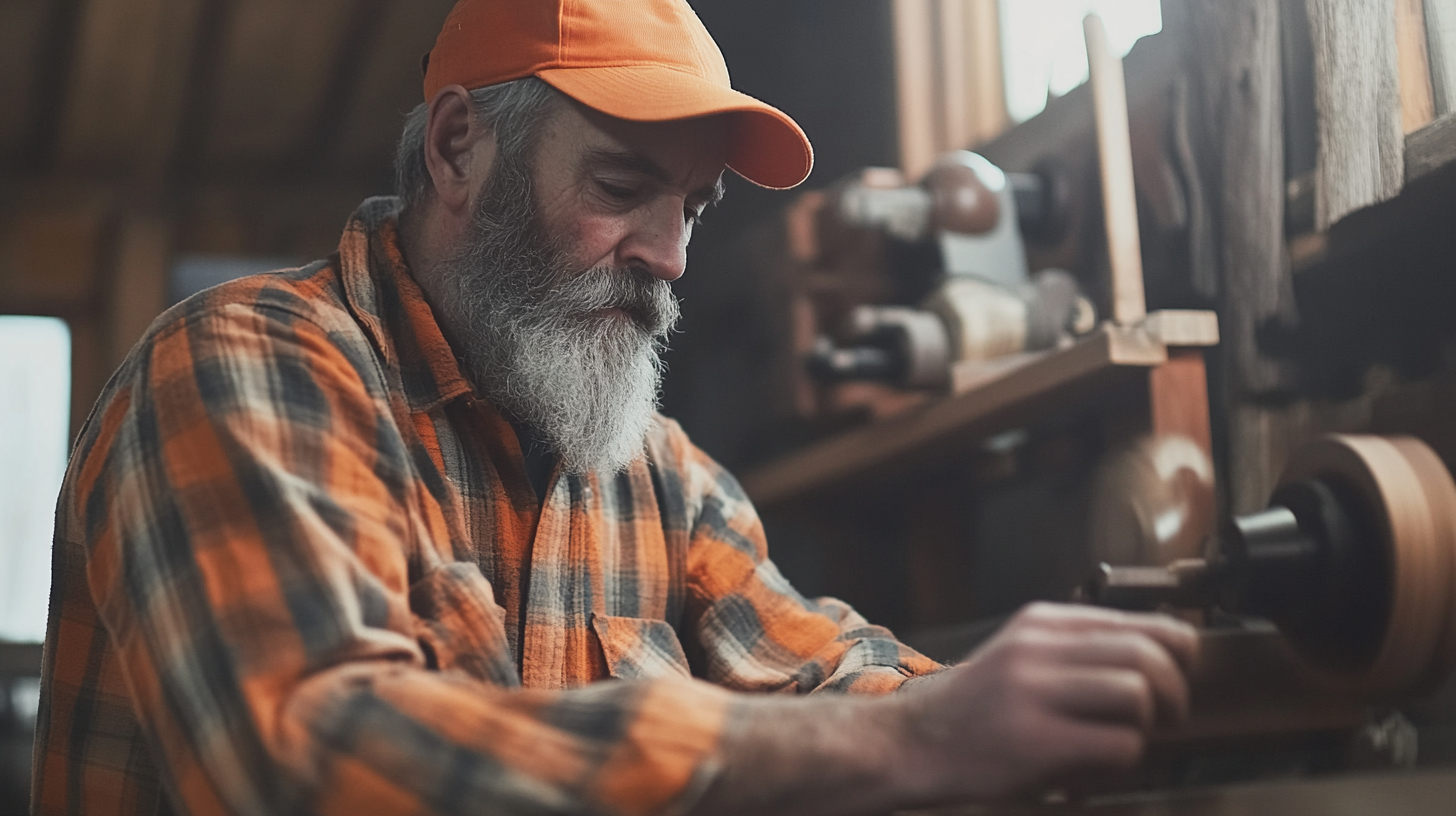 Middle aged farmer with beard making staircase railing.