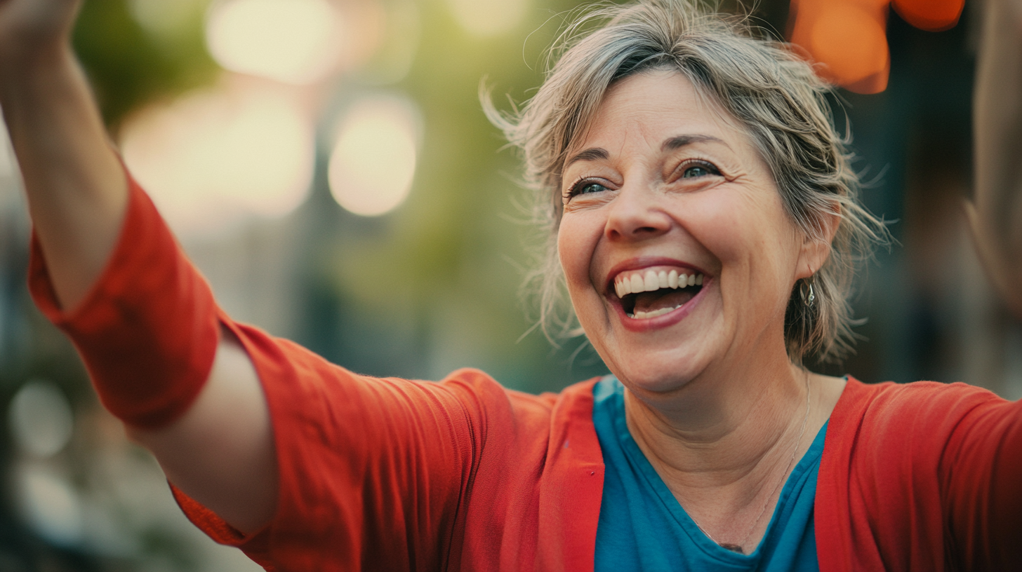 Middle-aged lesbian celebrating win, smiling widely, playful attitude.