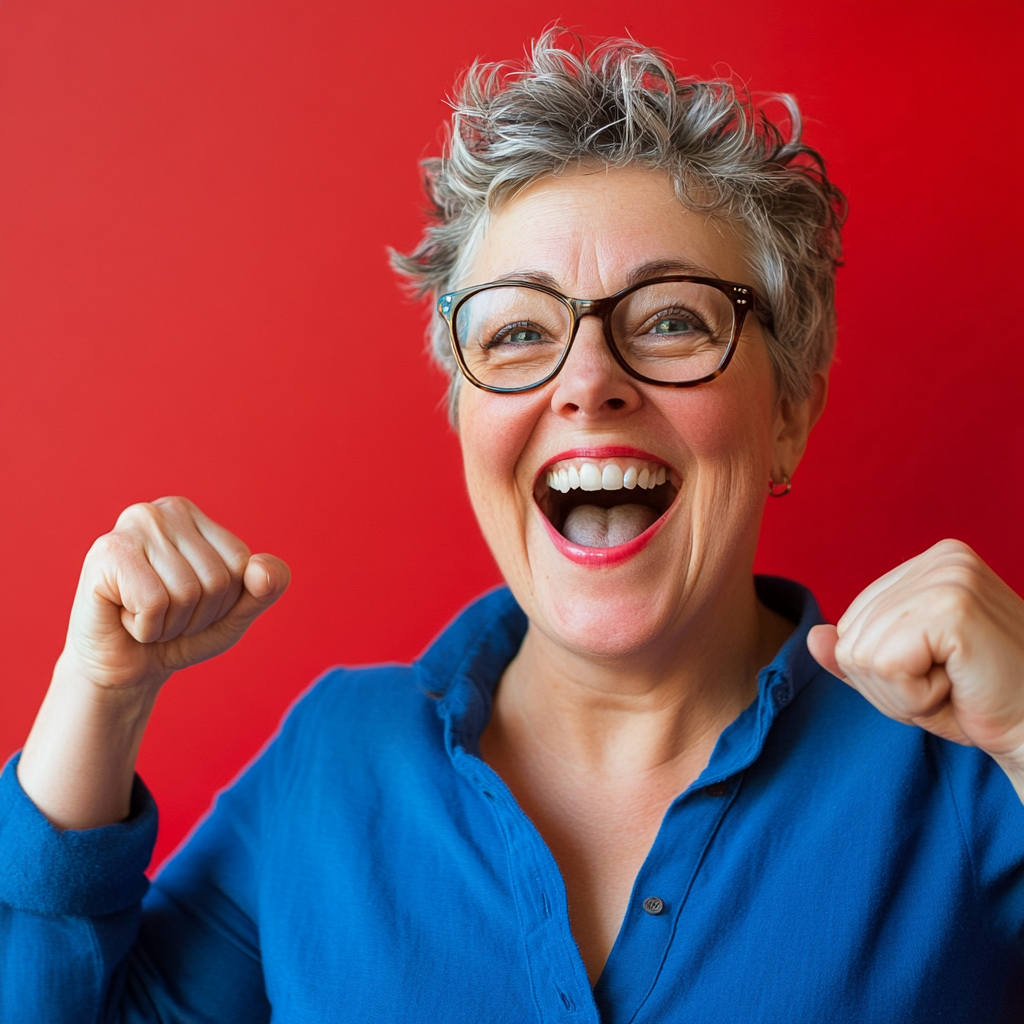 Middle aged lesbian woman celebrating small win, smiling big.