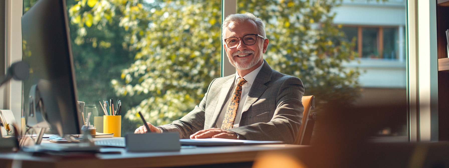 Middle-aged male boss enjoying sunshine at clean desk.