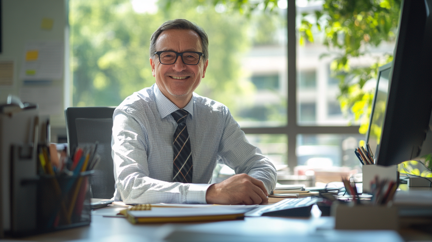 Middle-aged male boss smiling at desk, enjoying sunshine.