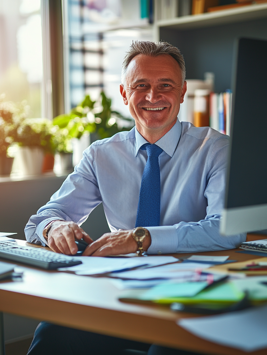 Middle-aged male boss smiling at desk in sun.