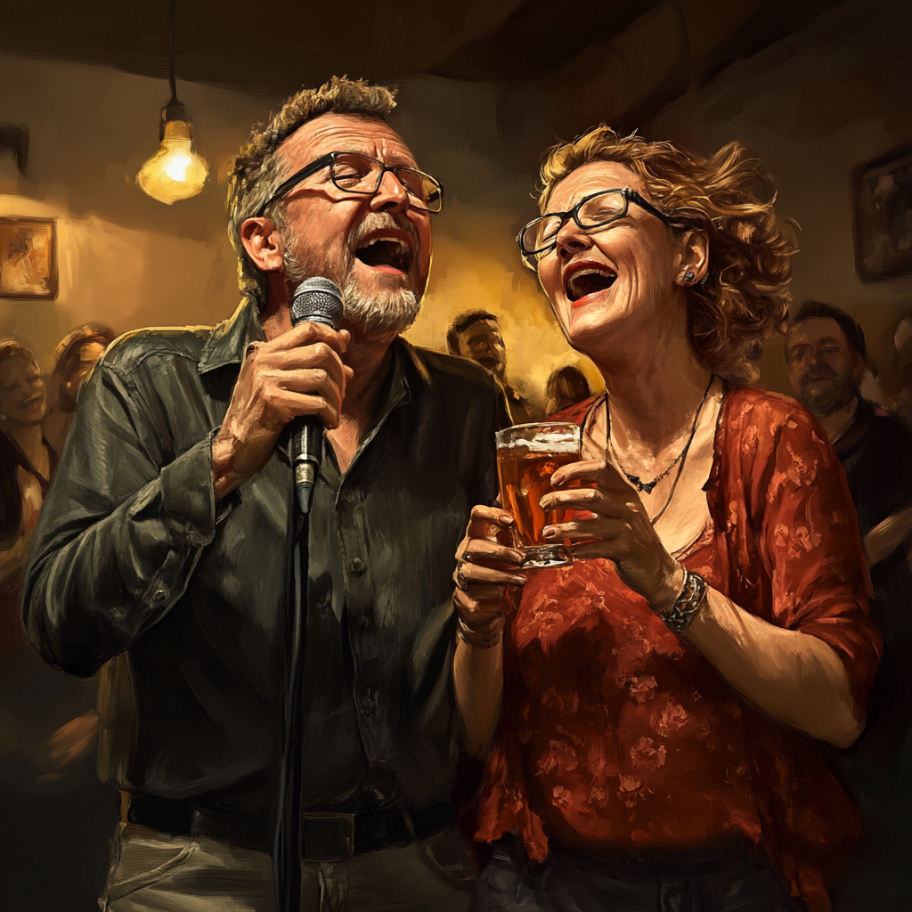 Middle aged man and woman singing at karaoke event.