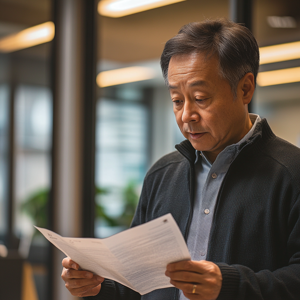 Middle-aged man in waiting room reading pamphlet