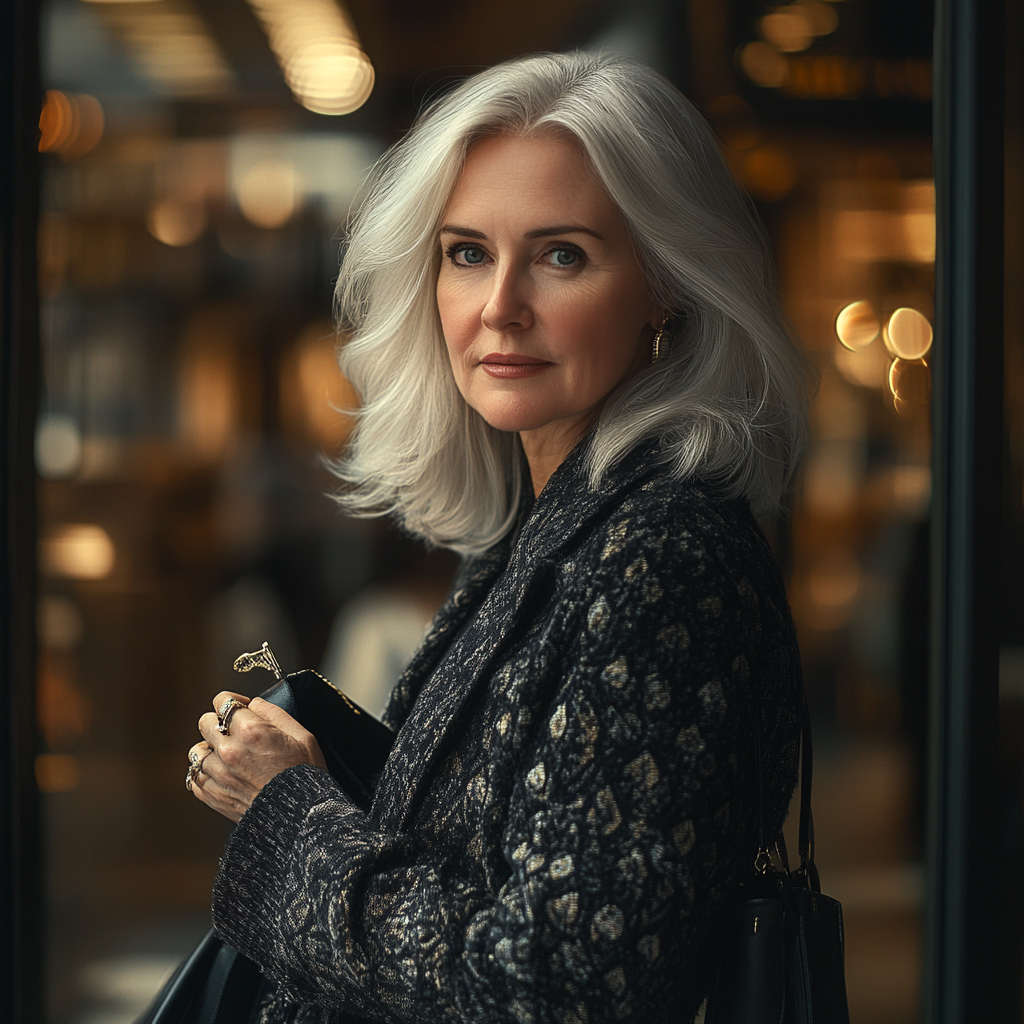 Middle-aged mom shopping for luxury accessories in mall