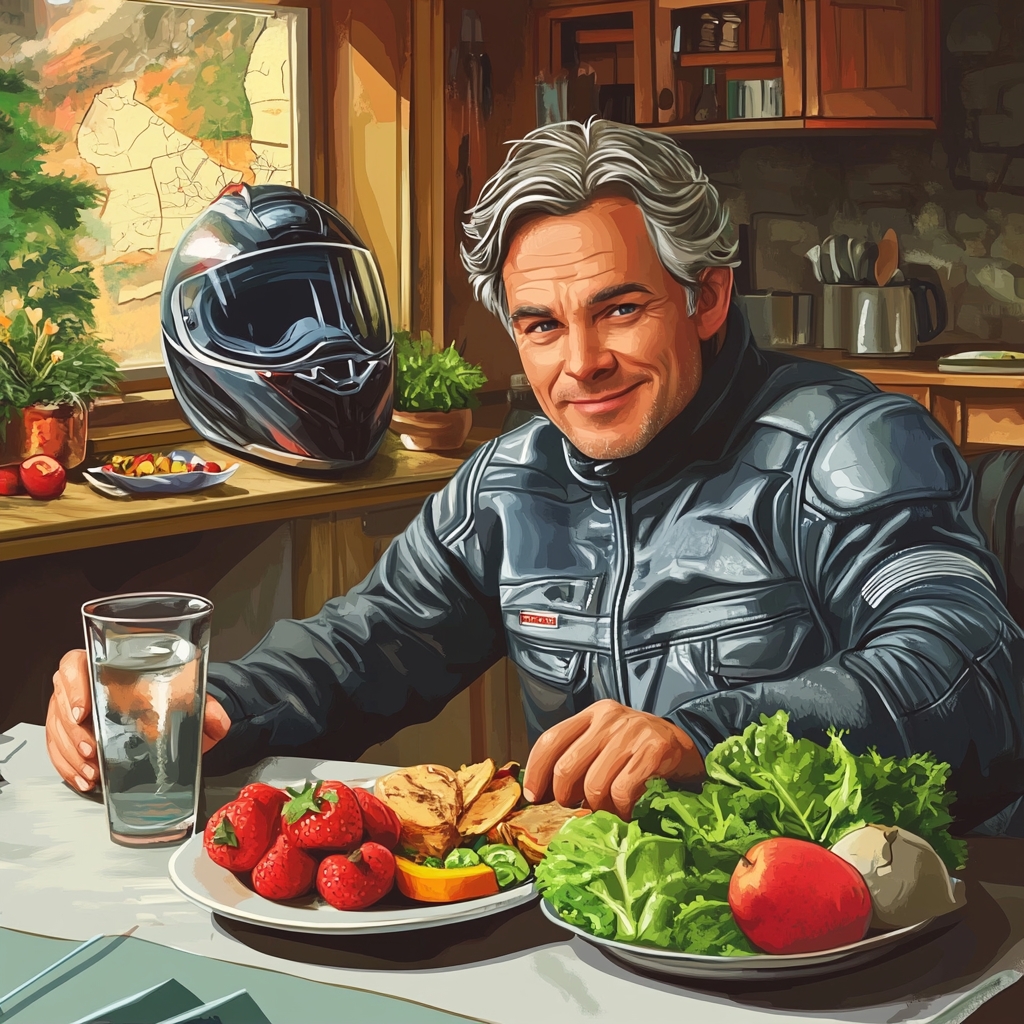 Middle-aged motorcyclist in dining area with balanced meal.