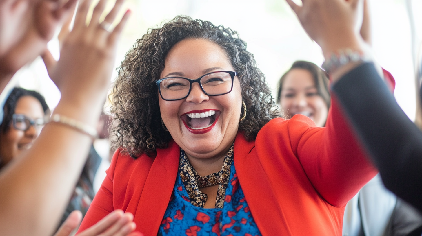 Middle-aged plus-size businesswomen celebrate by high-fiving joyfully.