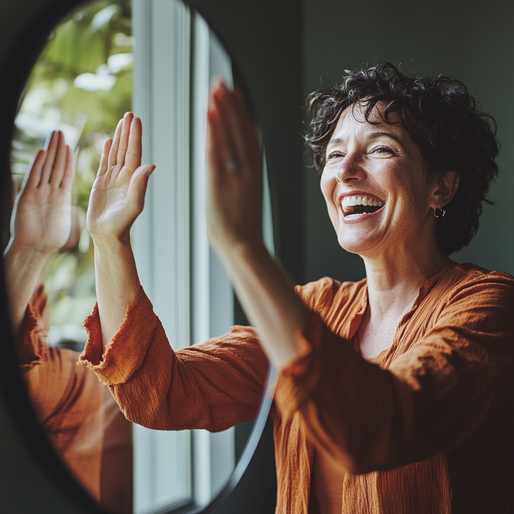 Middle aged woman, celebrating small win, high-fiving mirror.