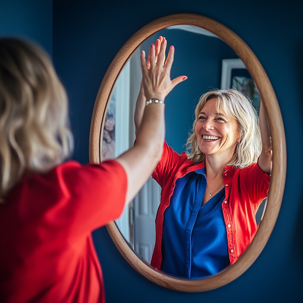 Middle-aged woman high-fiving herself, smiling in mirror. Celebrating.