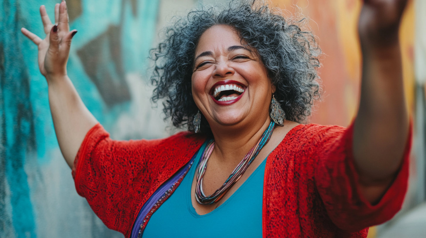 Middle aged woman joyfully celebrates small win with high-five.