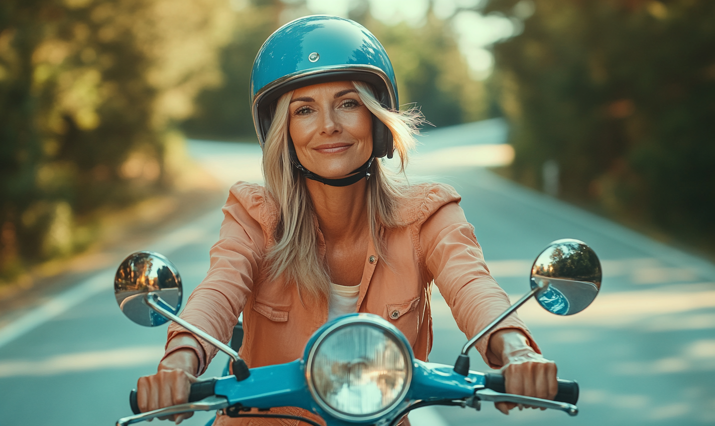 Middle-aged woman on blue scooter in forest