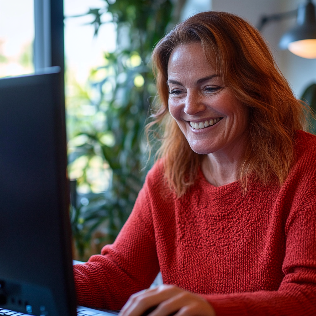 Middle-aged woman smiling at computer in virtual meeting.