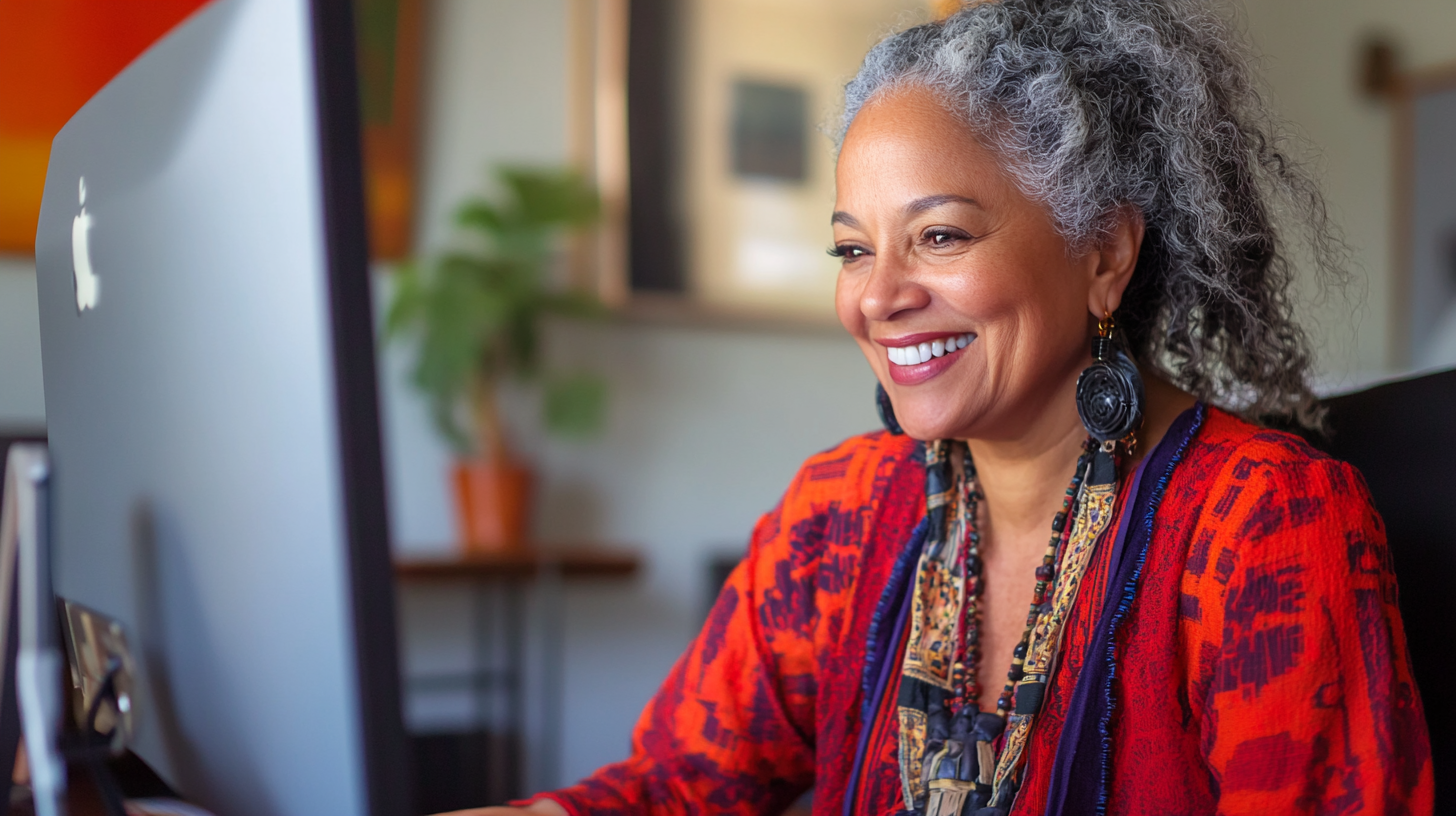 Middle-aged woman smiling in virtual meeting with red/blue clothing.