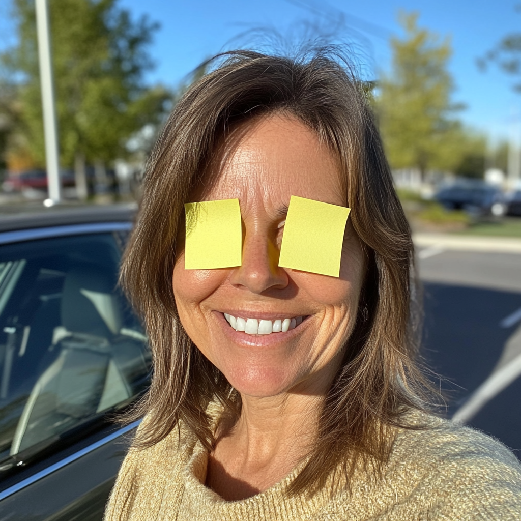 Middle-aged woman smiling with post-it notes, Manchester parking lot 