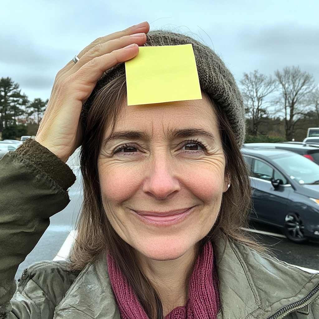 Middle-aged woman taking selfie with post-it note in parking lot.