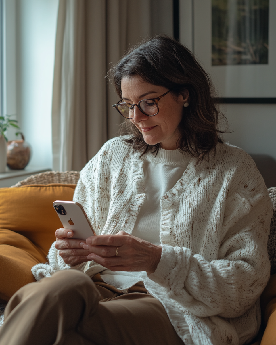 Middle-aged woman using iPhone 15 app in apartment.