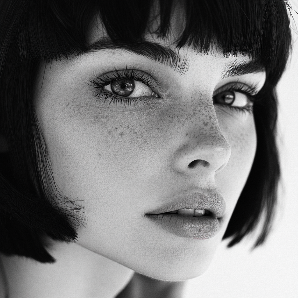 Middle-aged woman with black hair, front view, B&W