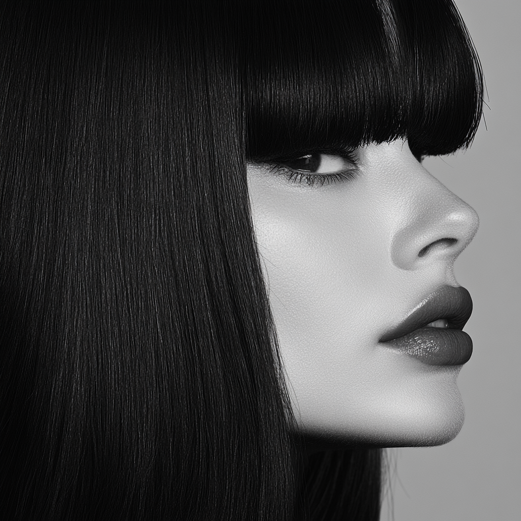 Middle-aged woman with medium-length black hair in high fashion, black and white for lifestyle magazine cover 