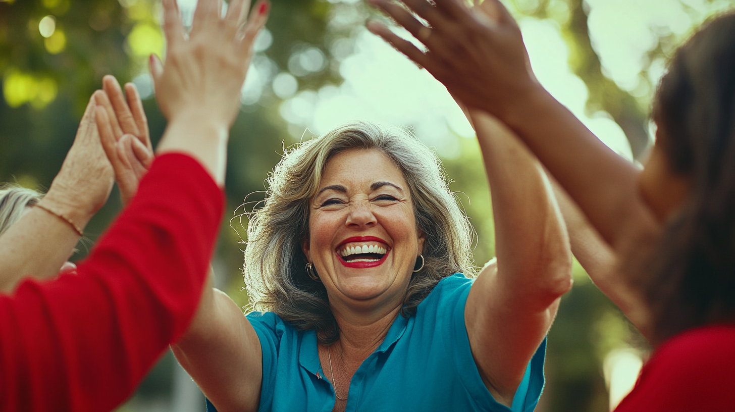 Middle aged women celebrating, playful, high-five, cheerful, DSLR.