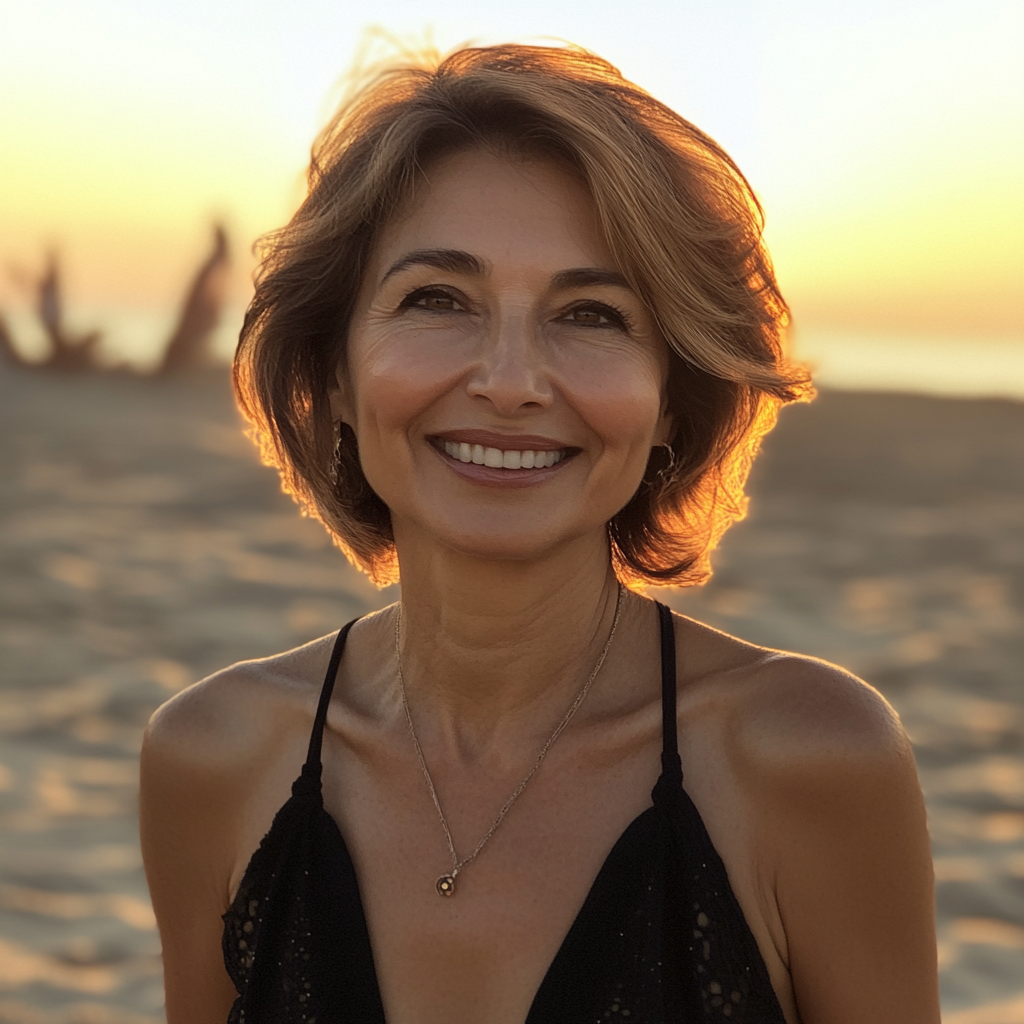 Middle eastern woman in her early sixties, smiling beachwalk.