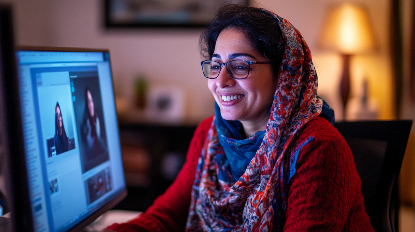 Middle eastern woman smiling, engaging in virtual meeting.