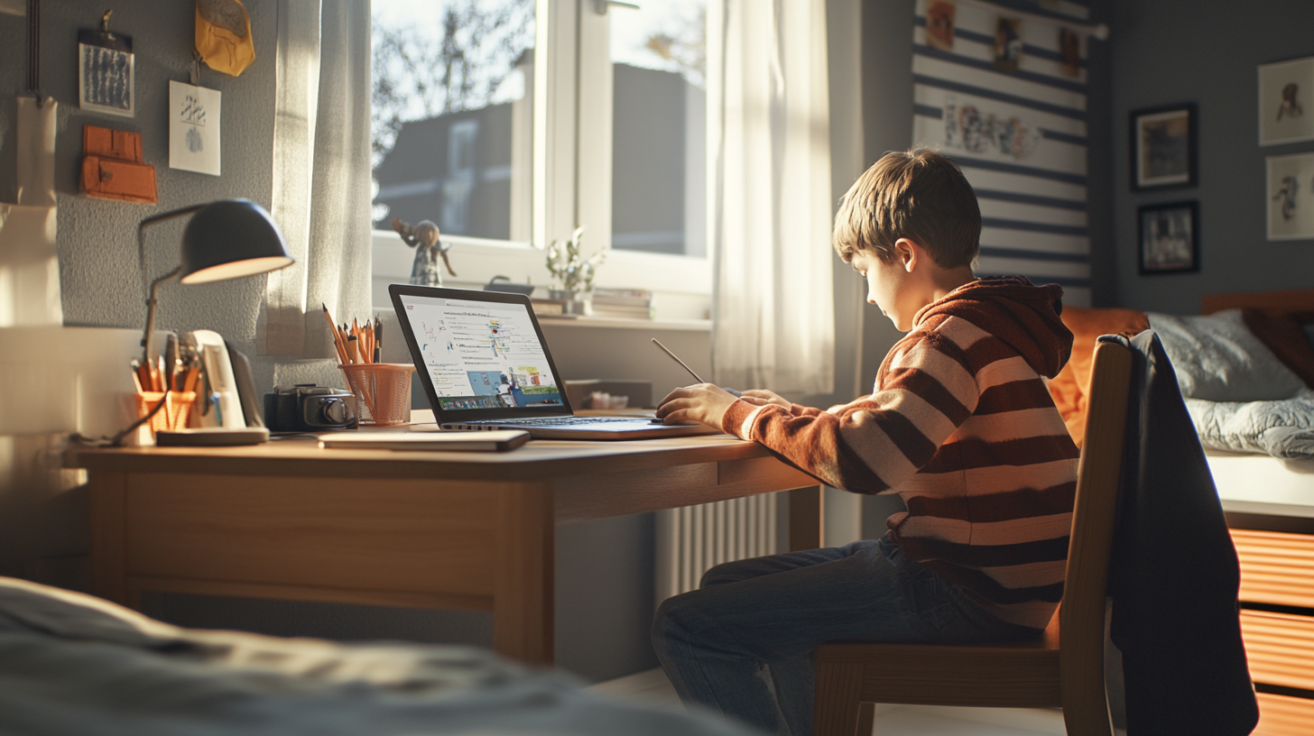 Middle school student studying on laptop at home