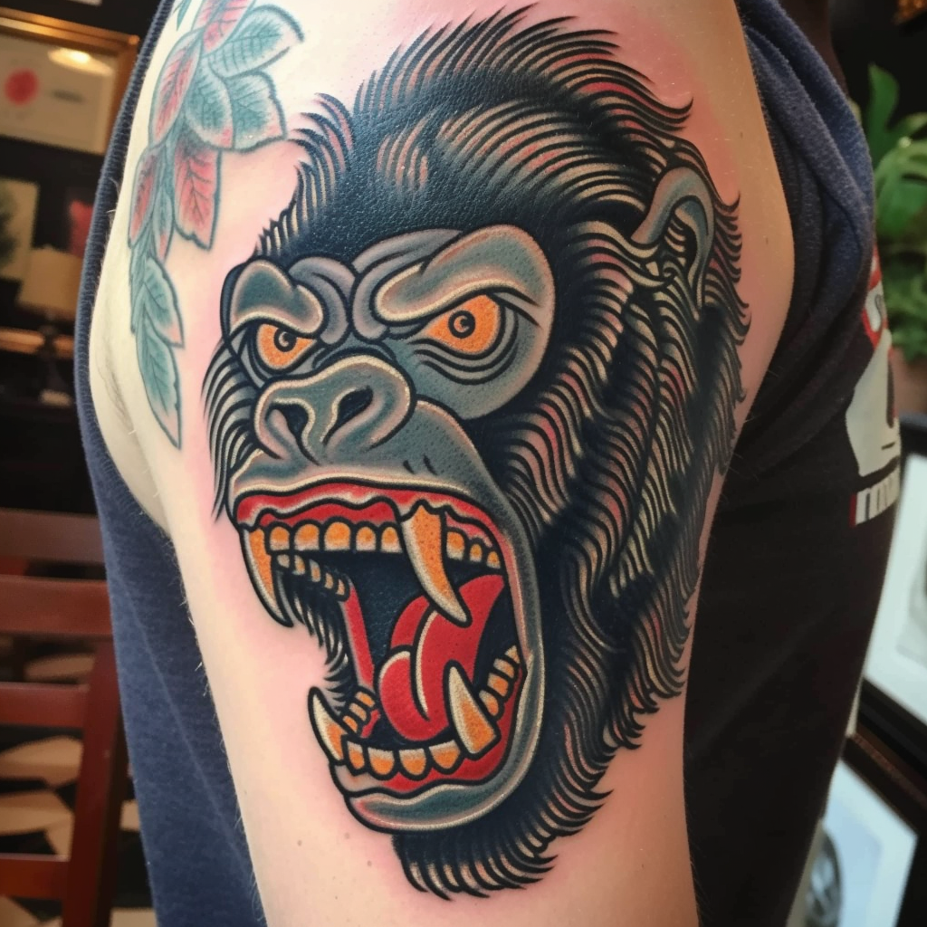 Roaring Gorilla Face Tattoo Image (Max 6 words)