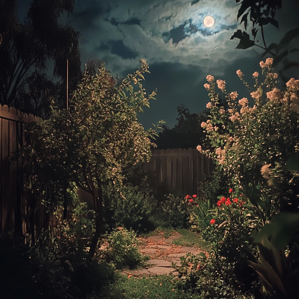 Midnight garden with moonlight, iPhone 15 pro photo