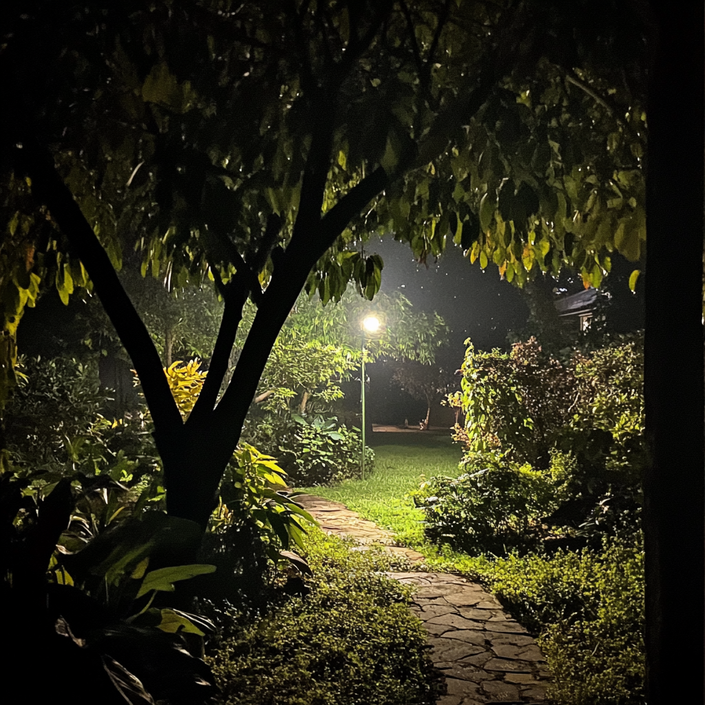 Midnight garden with moonlit plants, peaceful contemplation iPhone 15 pro.