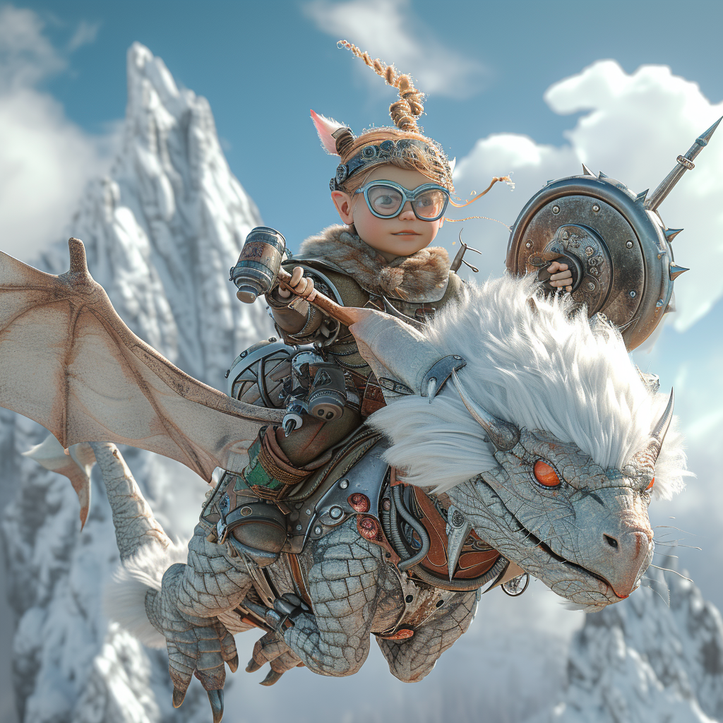 Cyberpunk-inspired dwarf girl riding white dragon in battle