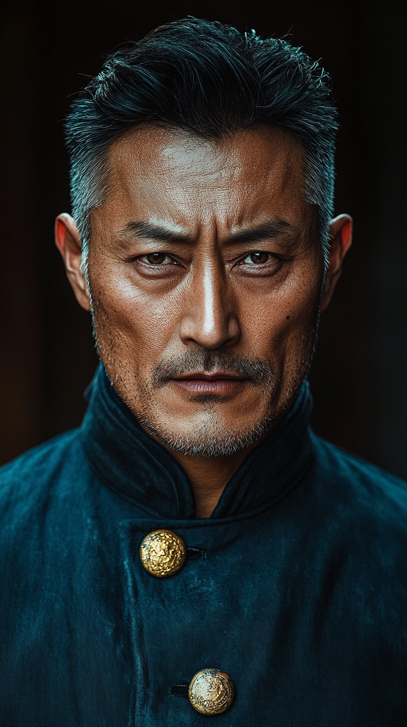 Military Chinese general, 52, dark piercing eyes, scar, space base.