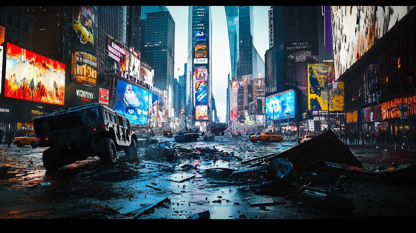 Military Hummers crashed in Times Square, damage captured. Lighting natural, diffused, cool blues. Wide shot composition.