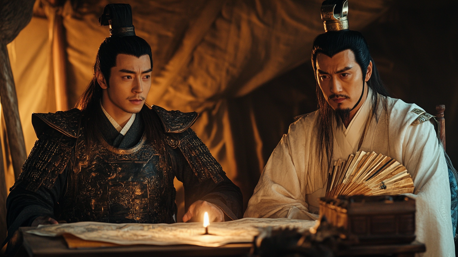 Military strategists Zhou Yu and Zhuge Liang in tent.