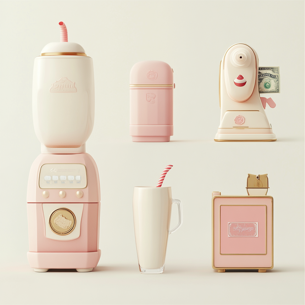 Milk drink, money gun, greeting card icons on white.