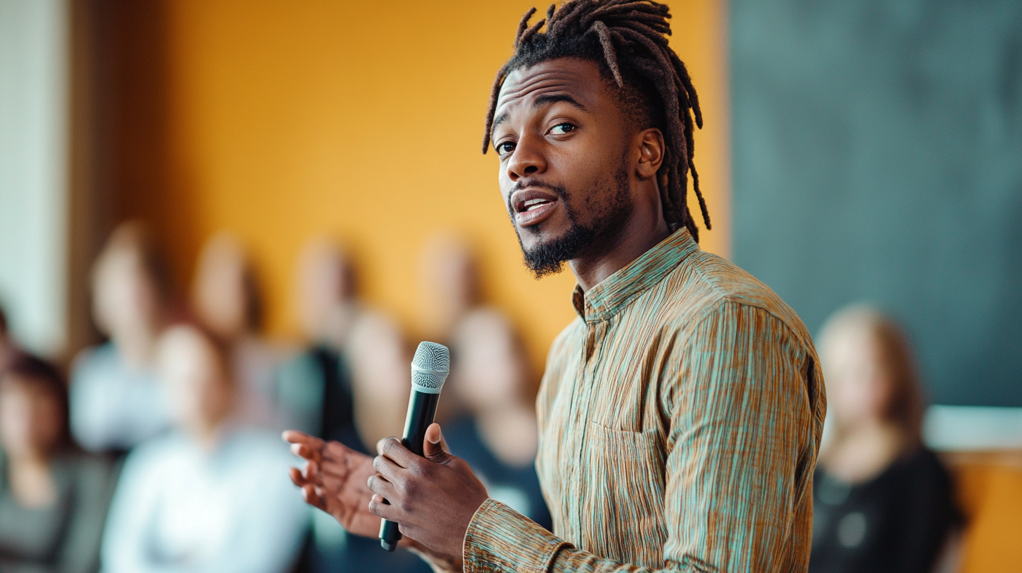 Millennial black man with microphone must not have dreadlocks.