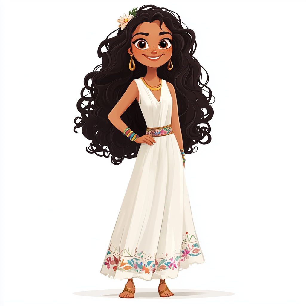 Milya, Youthful Cartoon Character in Flowery White Dress