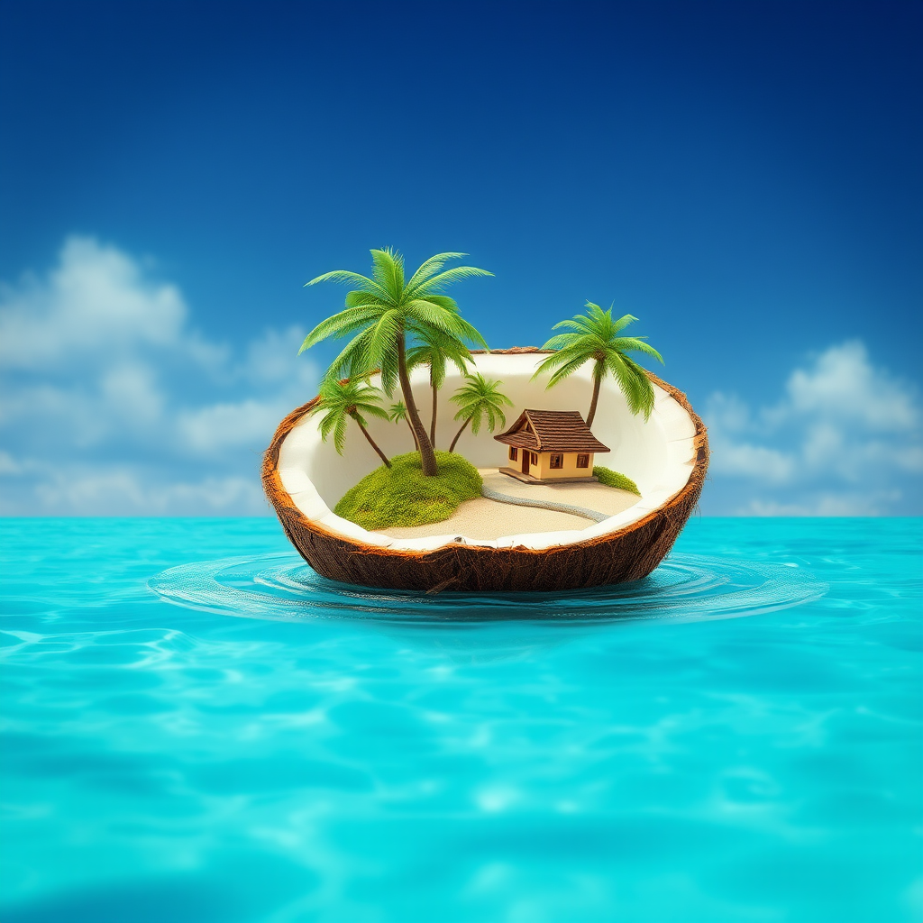 Miniature Island Inside Coconut Floating in Sea