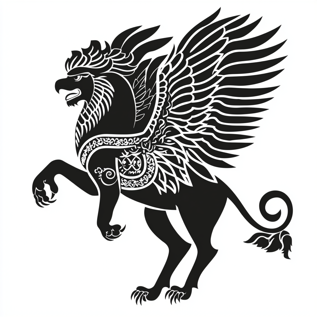 Minimal 2D black and white Griffin design inspired by Persepolis.